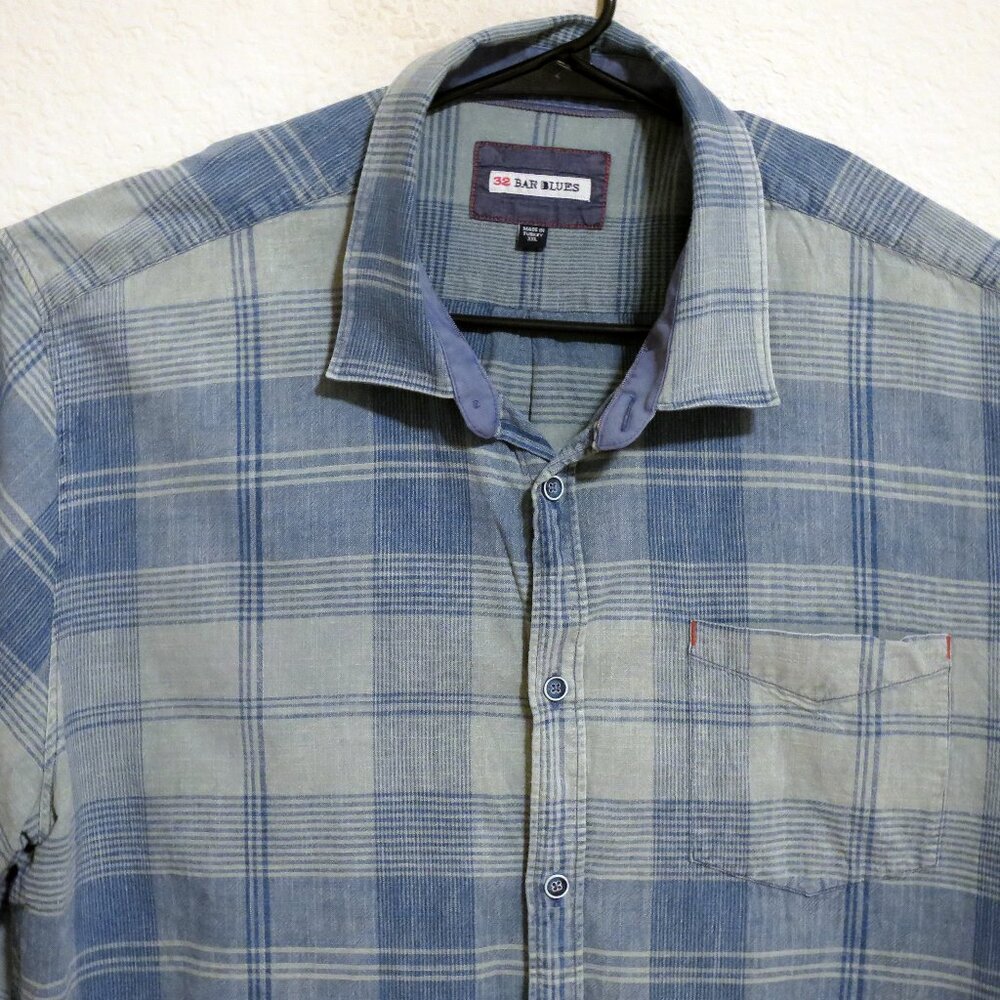 32 Bar Blues Shirt Mens 2XL Long Sleeve Button Blue Green Striped Western